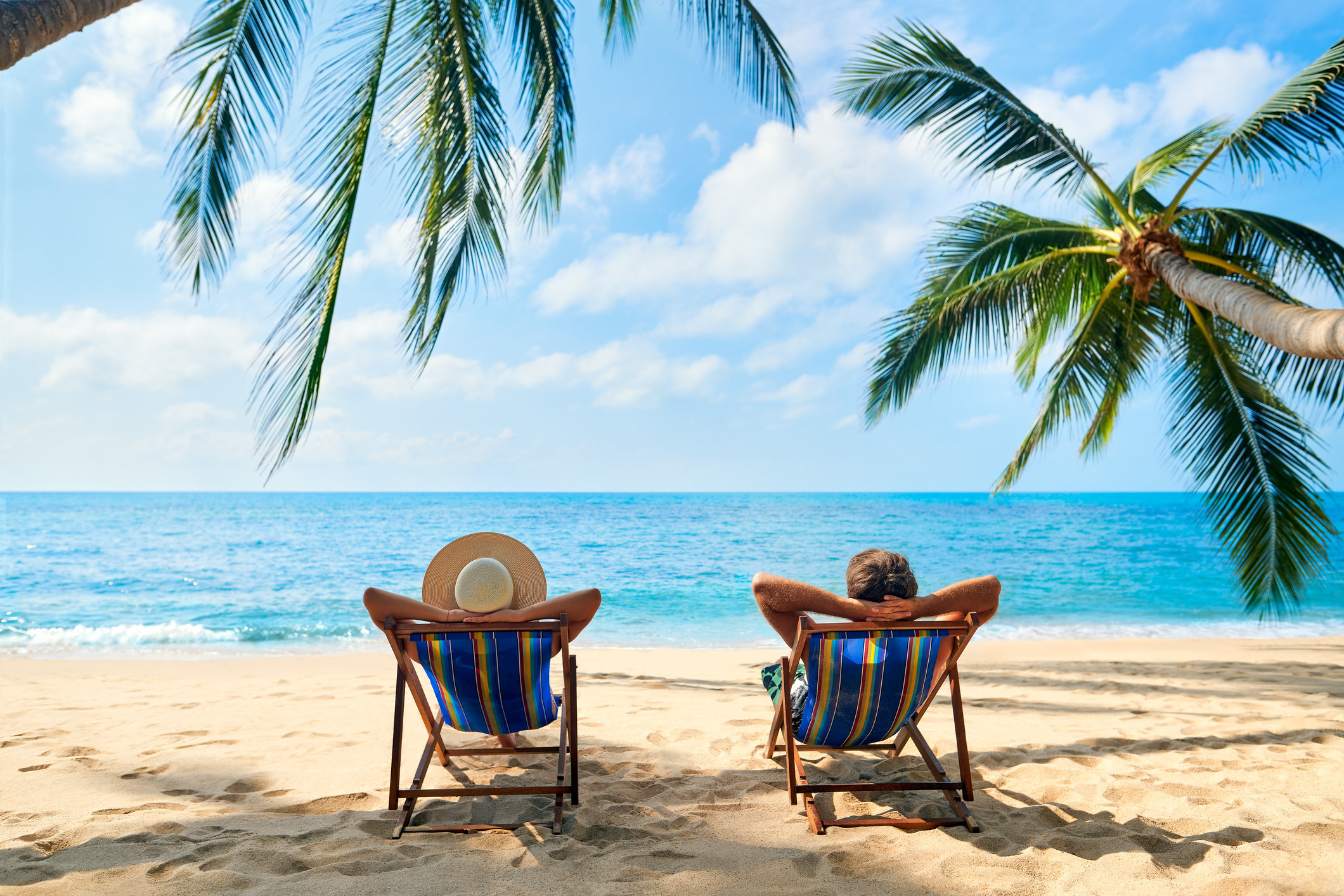 Two people relaxing in beach chairs by the sea, under palm trees
