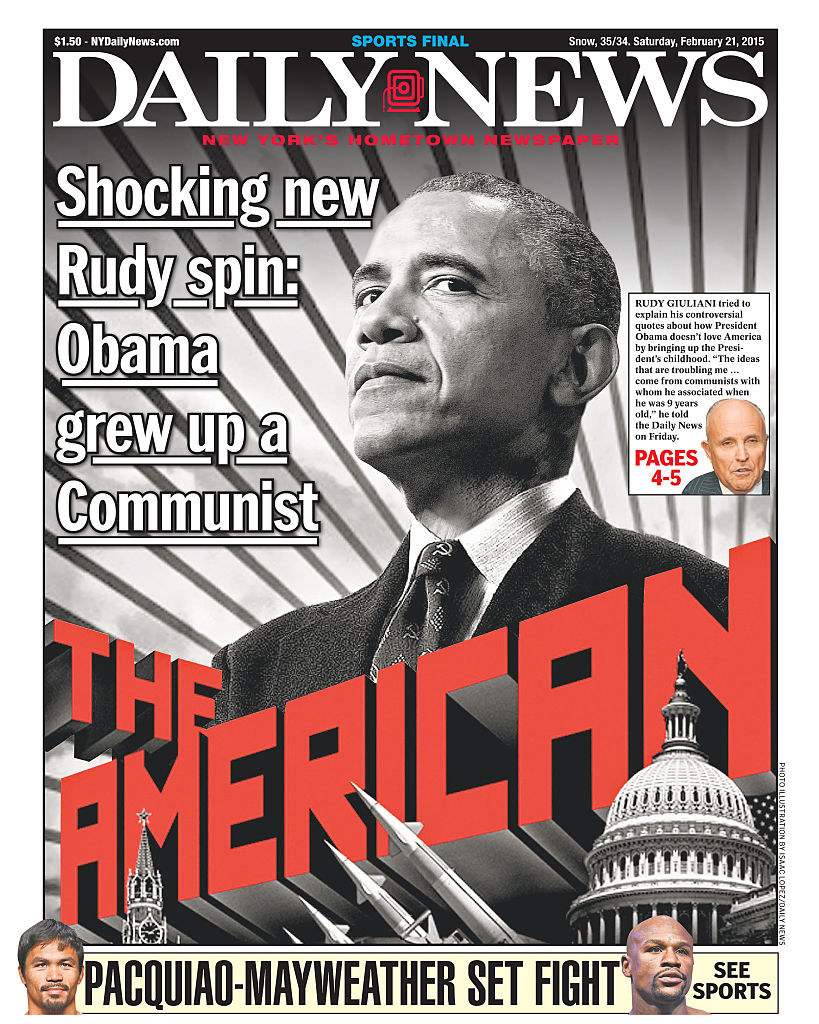 Front page of Daily News with headline about Rudy Giuliani&#x27;s comments on Obama and a teaser for Pacquiao-Mayweather fight