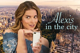 Alexis from Schitt's Creek in front of a new york city background text reads alexis in the city