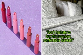 Heart-shaped lip glosses in various shades/A gray fleece blanket on a bed