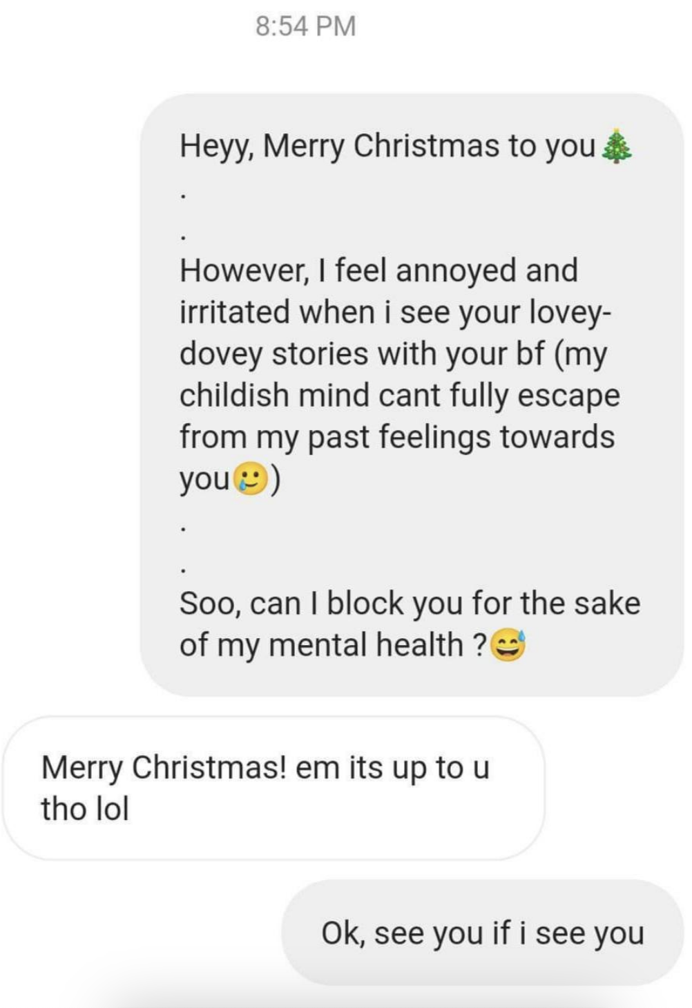On Christmas, person who gets annoyed when they see this person&#x27;s lovey-dovey posts with their bf asks if they can block them for their mental health, and are told &quot;Merry Xmas, it&#x27;s up to you&quot;