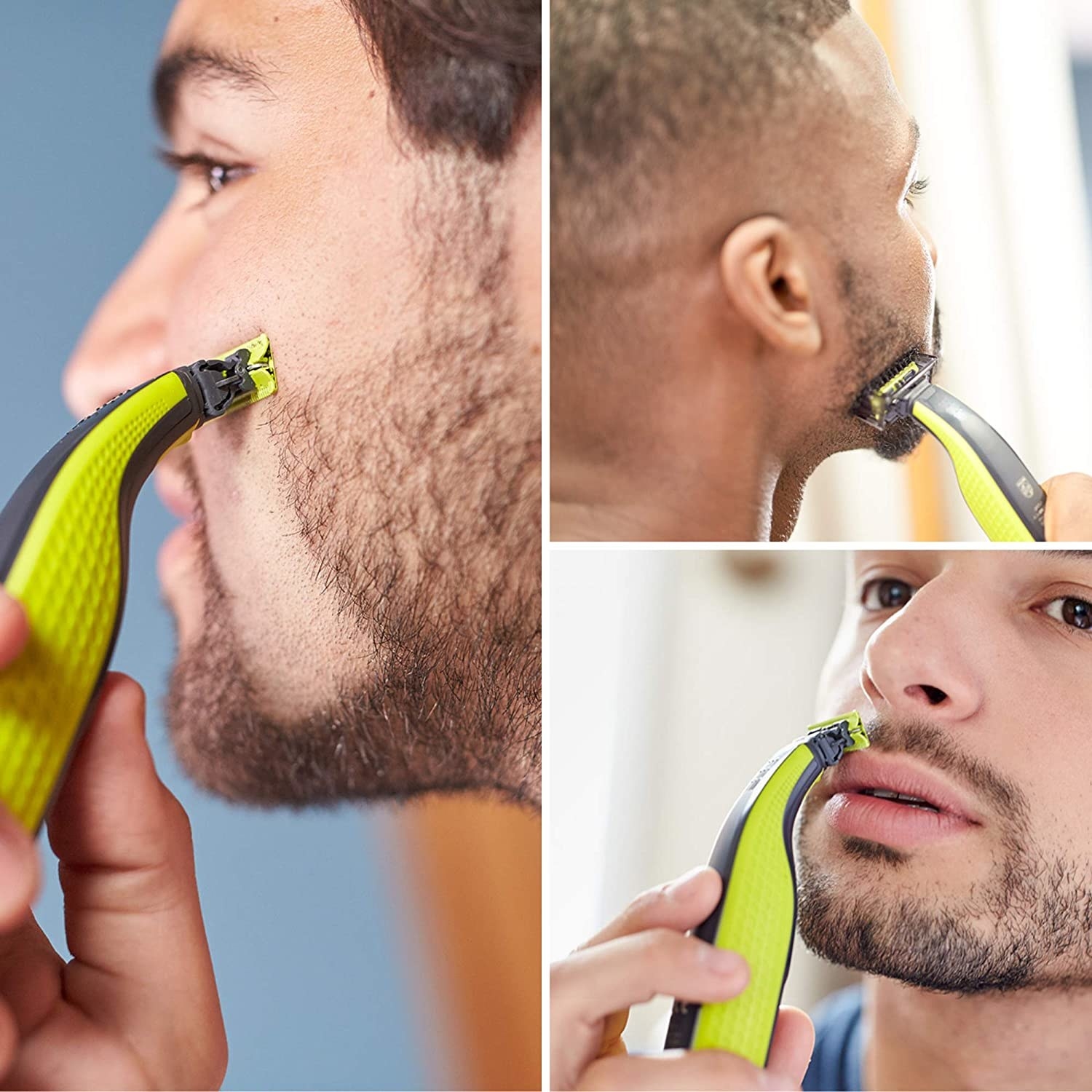three people using the shaver on their face in different frames