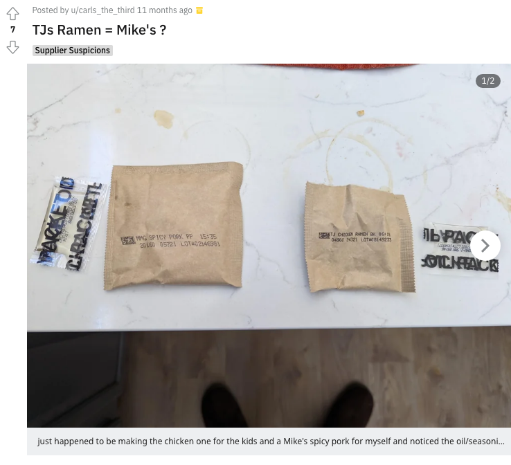 comparing the tj&#x27;s ramen to the mike&#x27;s ramen, screenshot from reddit, packaging almost identical for the soup base and oil packet