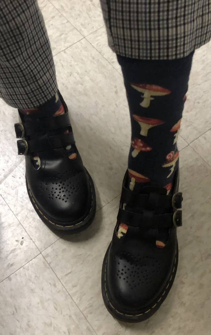 Someone wearing mushroom-themed socks