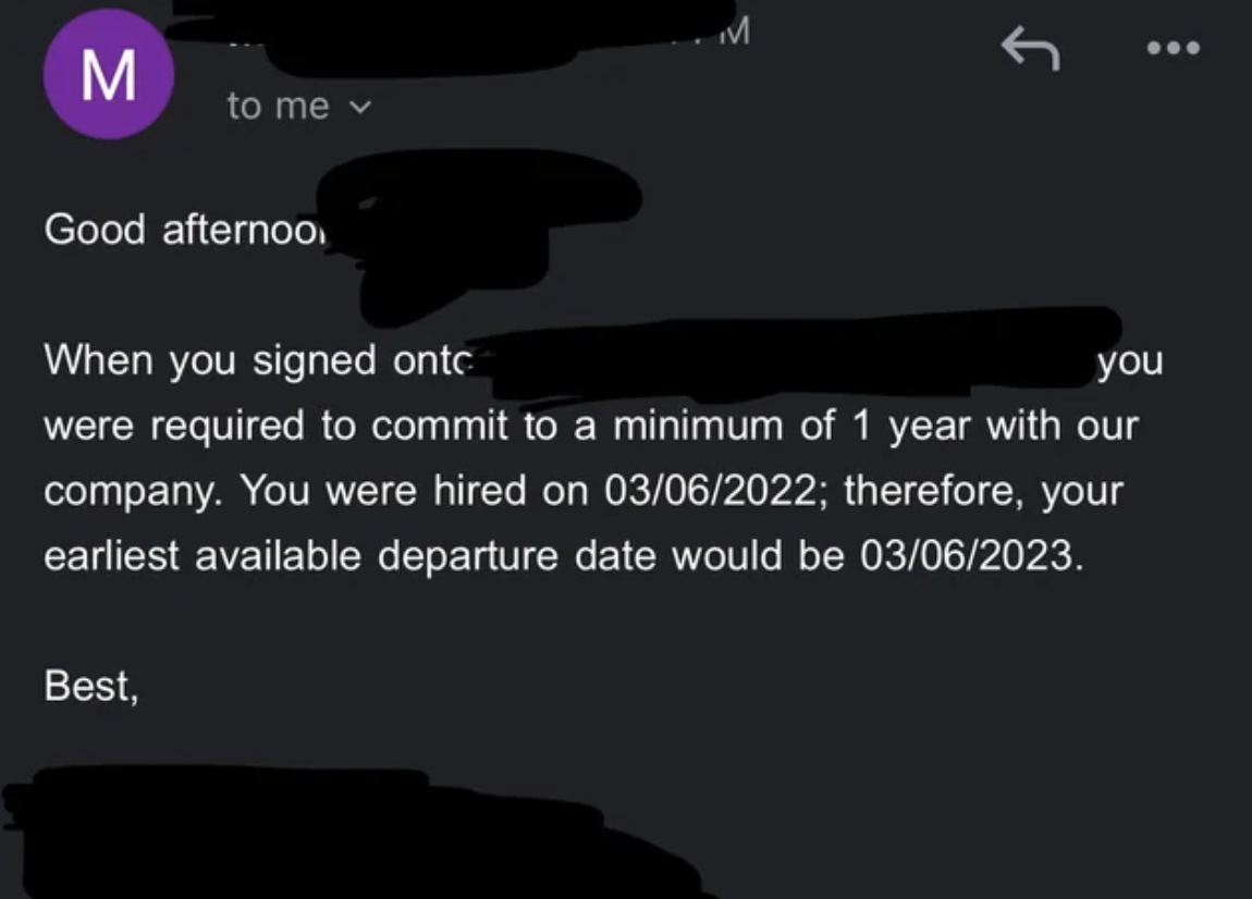 Notification that they committed to a minimum of 1 year with the company