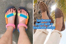 reviewer wearing multi-color Teva sandal / model wearing brown huarache sandals