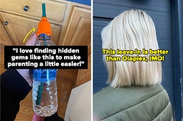 L: a silicone lid on a water bottle and reviewer quote "I love finding hidden gems like this to make parenting a little easier" R: buzzfeed editor's bleached blonde hair with text on image "this leave-in is better than olaplex, imo"