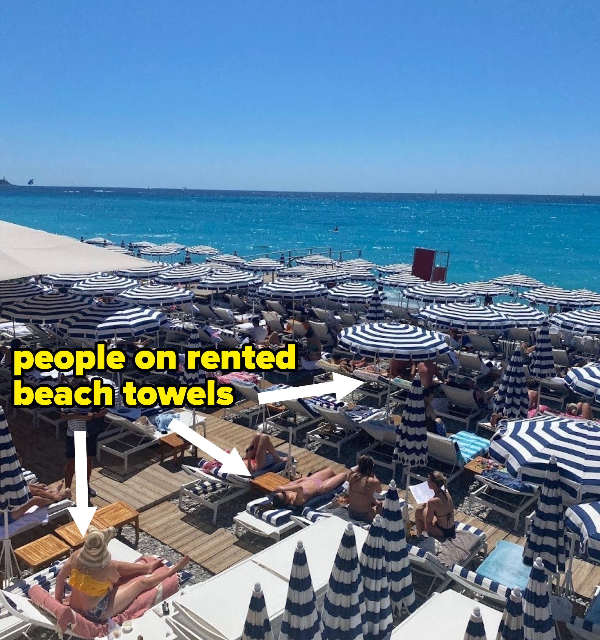 Arrow pointing to people on rented beach towels under an umbrella