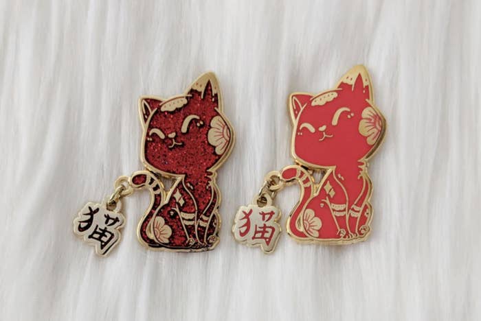 Matte Red and Glitter Red Cat Zodiac Enamel Pins