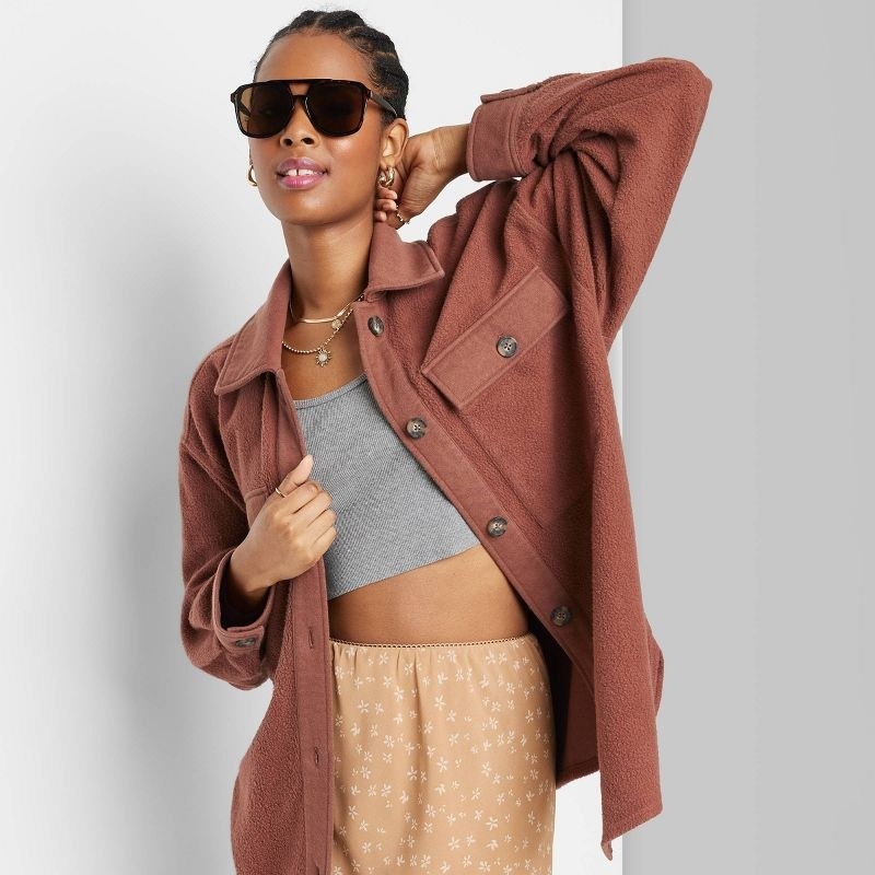 Model wearing the brown shacket