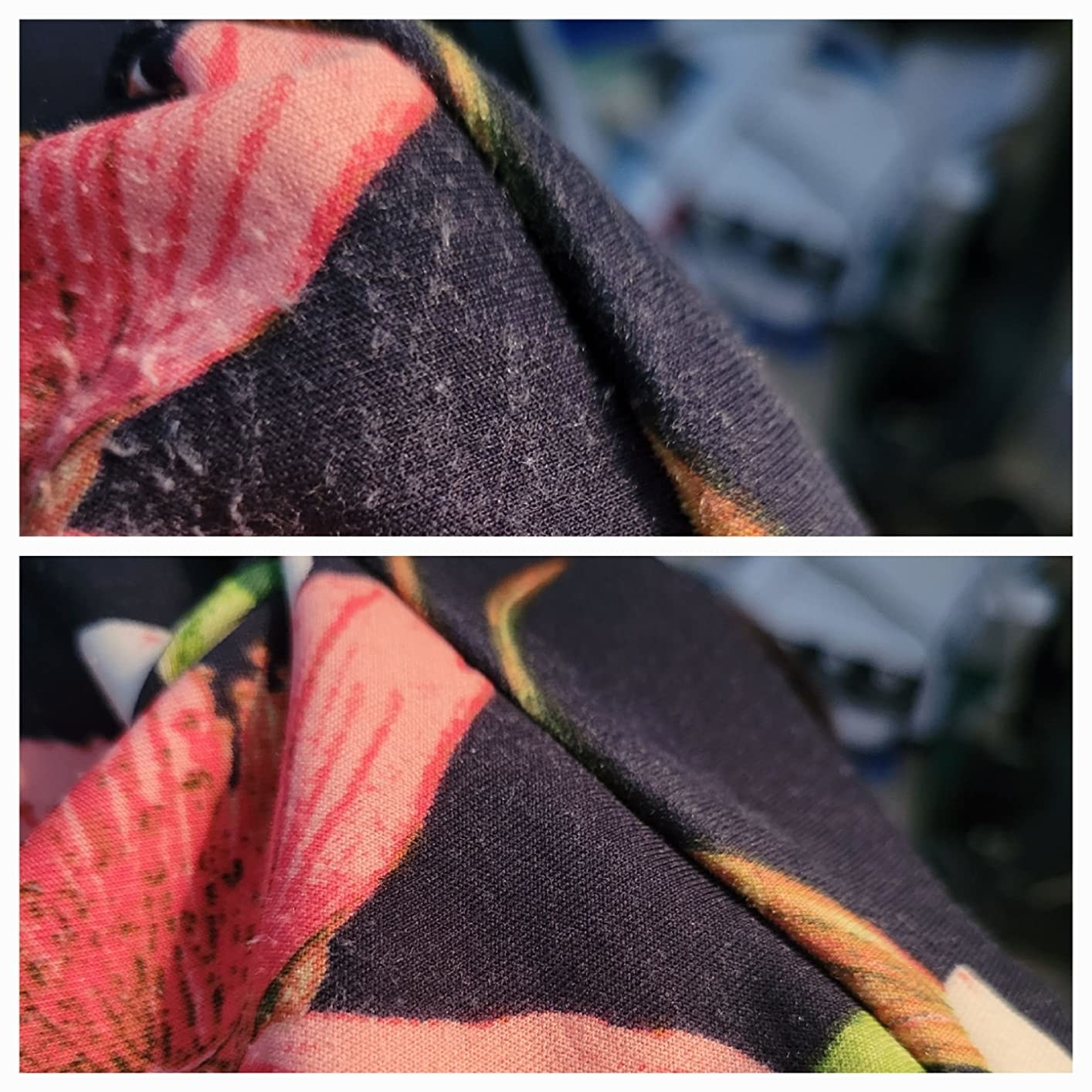 Reviewer image of fabric before and after using fabric shaver
