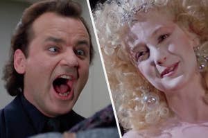 bill murray yelling in scrooged and carol kane as the ghost of christmas present