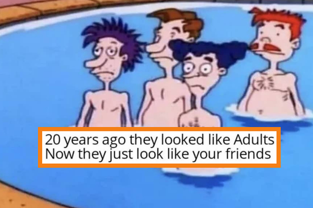 The four dads from Rugrats standing in a pool looking tired with text that says "20 years ago they looked like adults now they just look like your friends"
