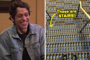 Pete Davidson laughing, and stairs with a confusing pattern on them, making it almost impossible to see the steps
