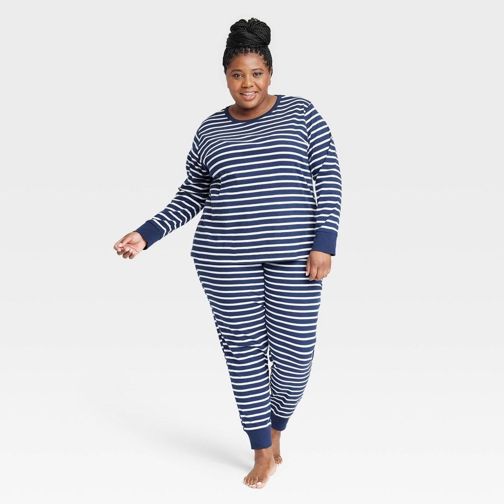 long sleeve and long pant pj set with white and blue stripes