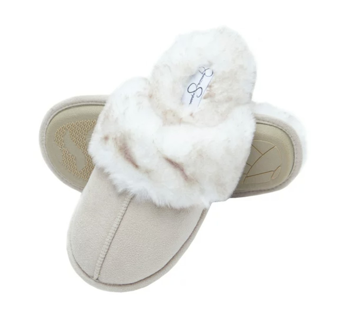 A pair of faux fur slippers