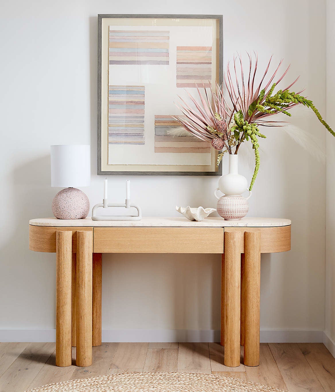 oval light wood console table with white top