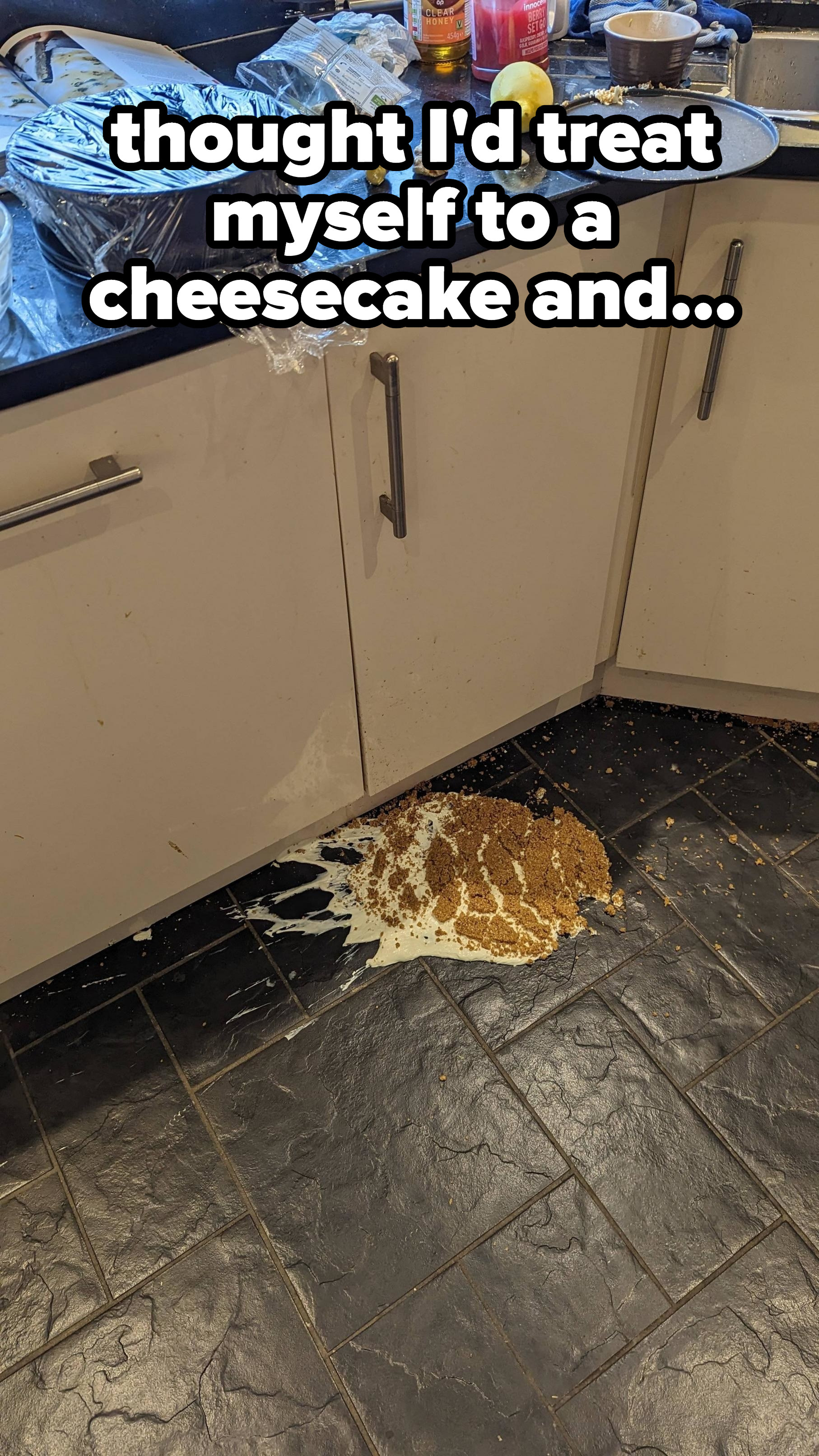Cheesecake smattered on the kitchen floor