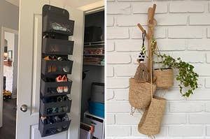 Reviewer's over-the-door bin storage and a five-peg wall mount holding bags and a plant