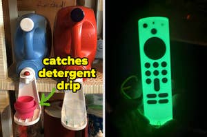 A laundry detergent lid holder and drip catcher/A glow-in-the-dark remote cover