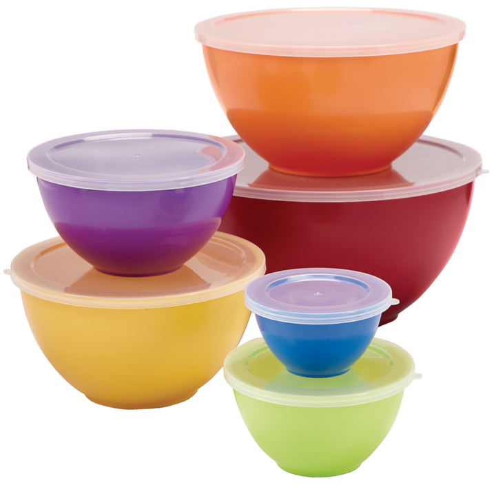 six vibrant bowls with their respective lids on a blank background