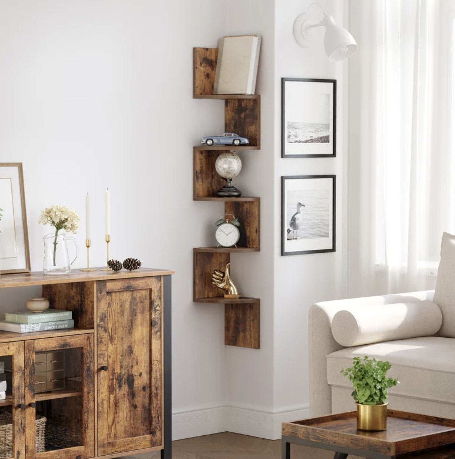the rustic wooden corner shelf in living room corner with knick knacks on shelves