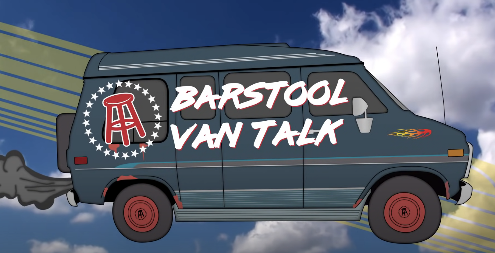 cartoon drawing of a van with text barstool van talk