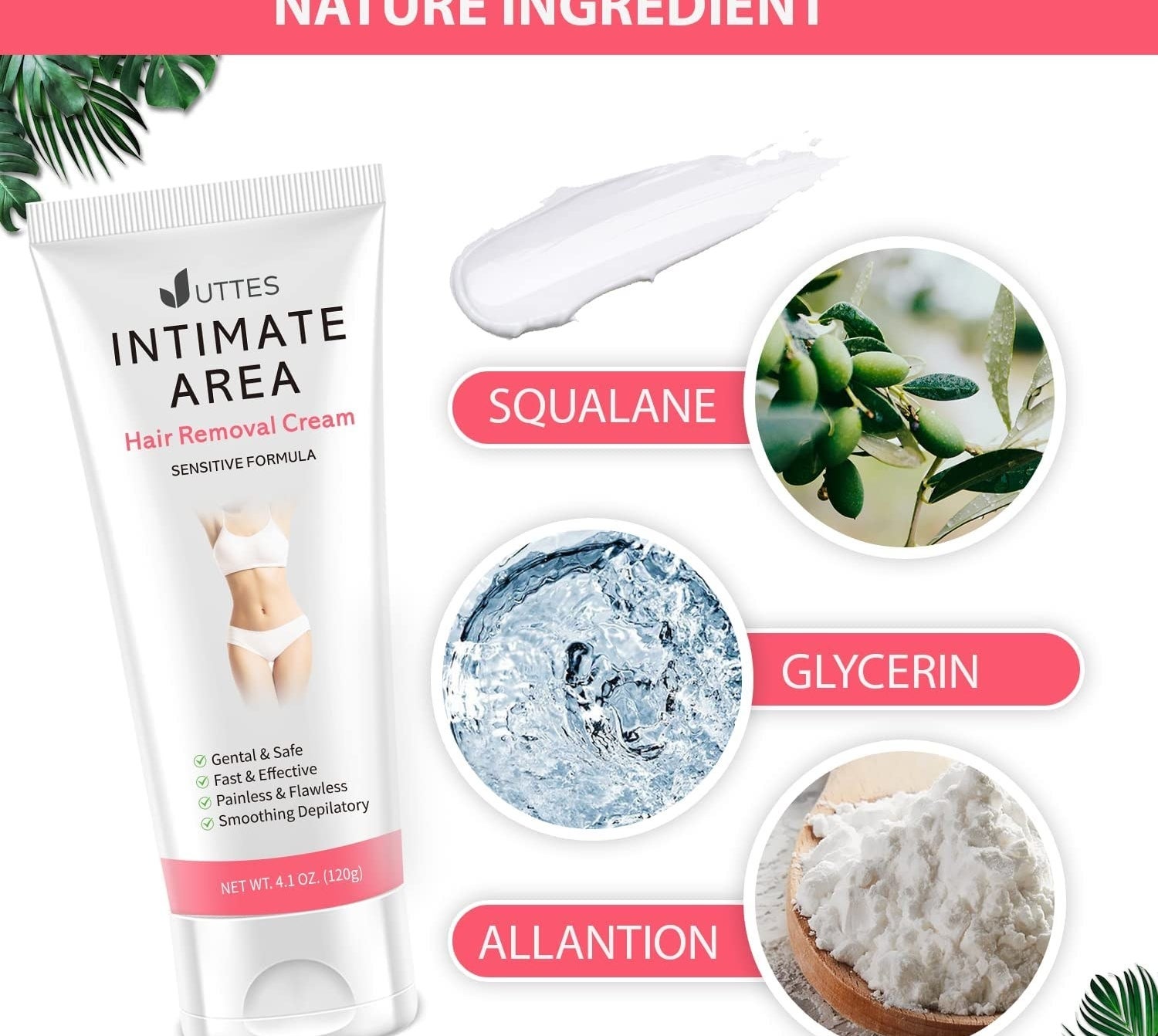 the bottle of hair removal cream and some of the natural ingredients in it