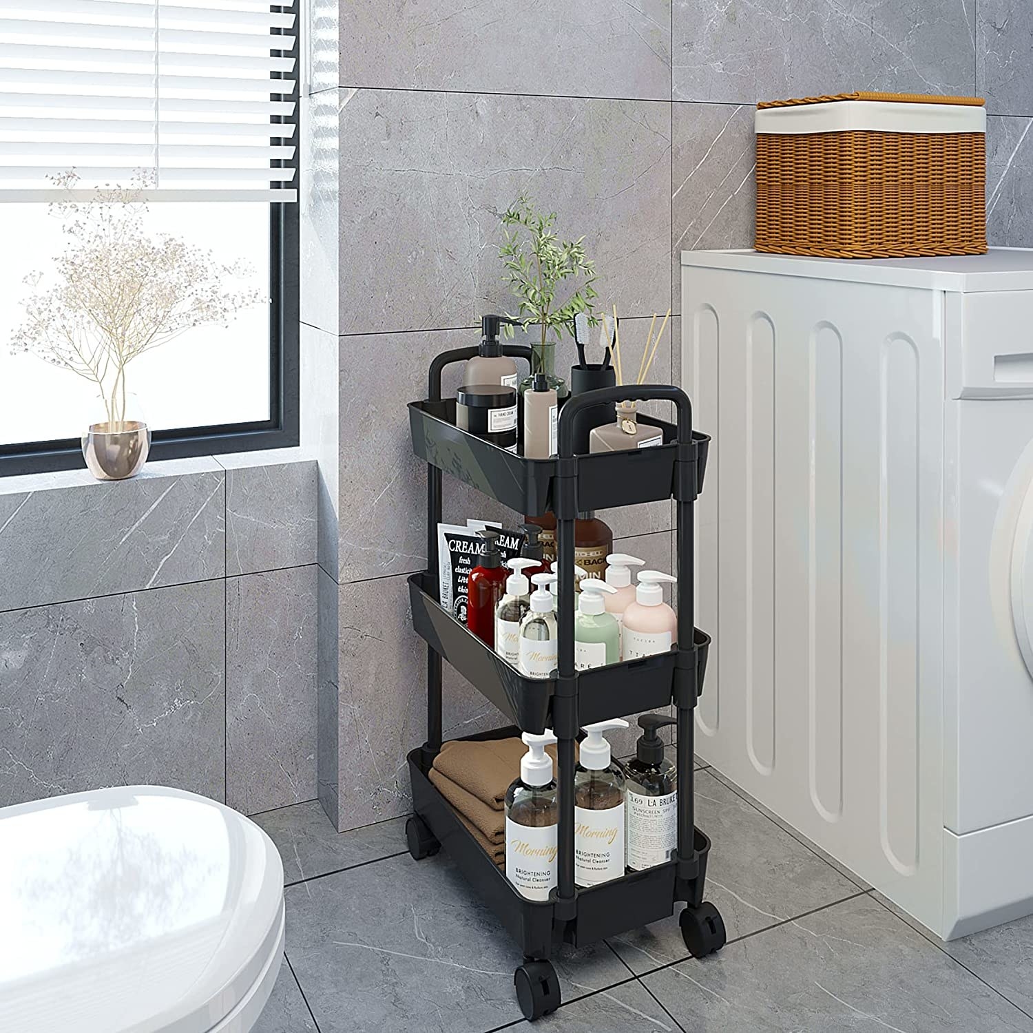 the rolling utility cart in a bathroom