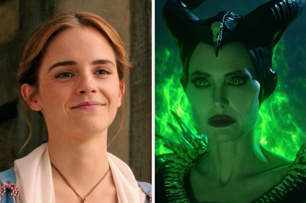On the left, Emma Watson as Belle in the live-action Beauty and the Beast, and on the right, Angelina Jolie as Maleficent