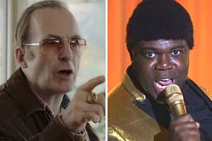 two images: on the left is bob odenkirk wearing aviator sunglasses, pointing. on the right is sam richardson wearing an afro wig and talking into a microphone