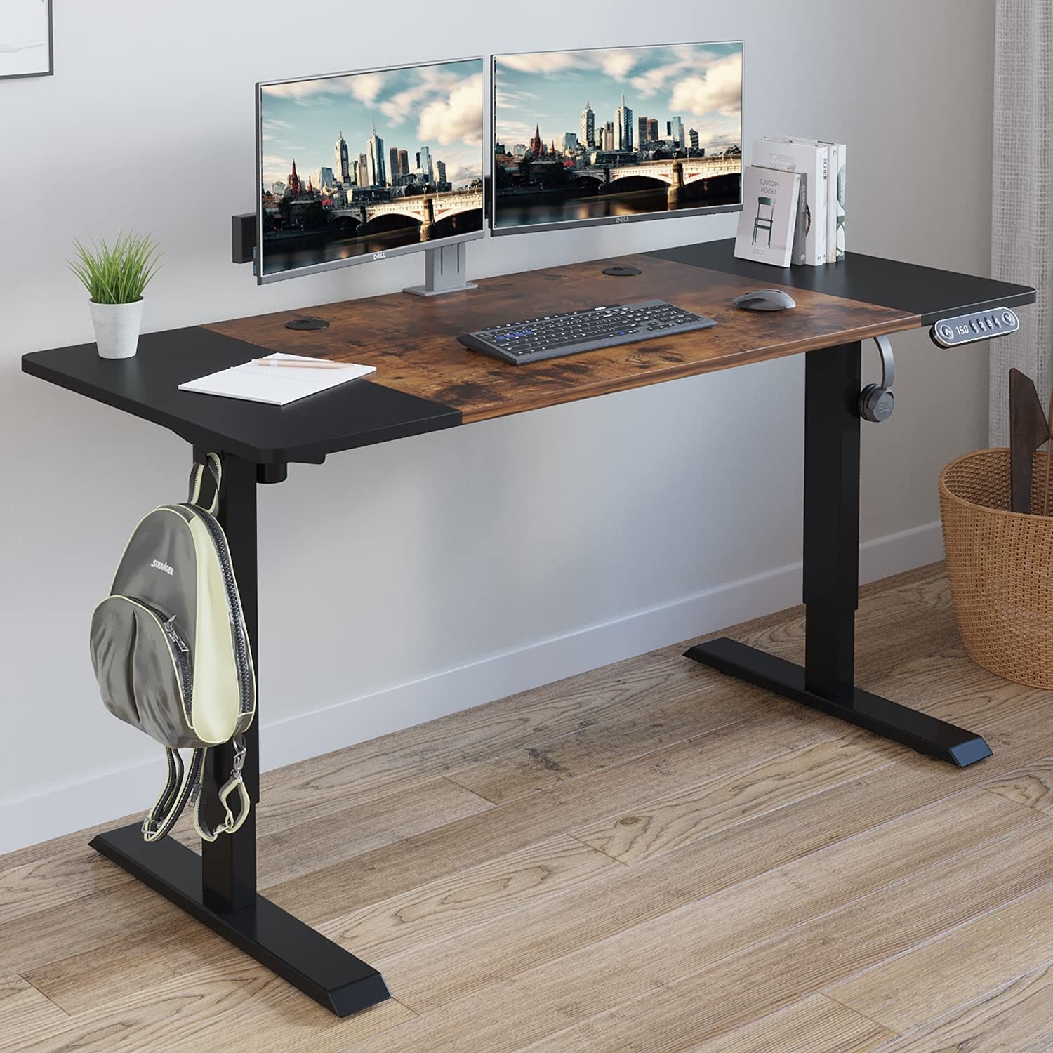 a standing desk on a mat in a cute room