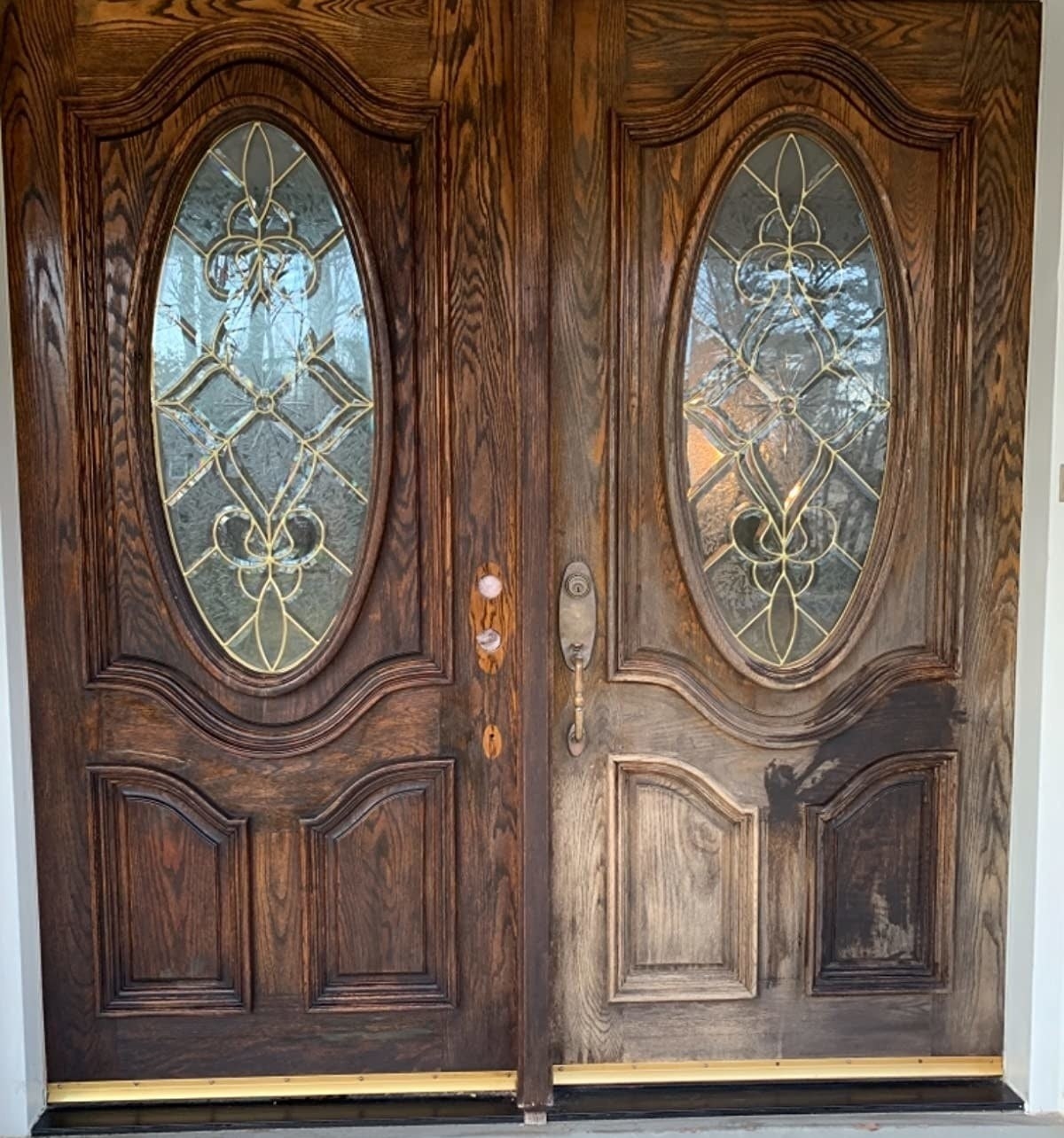 reviewer photo showing a dramatic before and after of their front doors