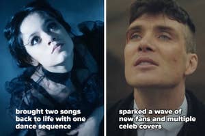 A split thumbnail, with one image showing Jenna Ortega dancing as Wednesday Addams, and one of Cillian Murphy looking serious as Tommy Shelby
