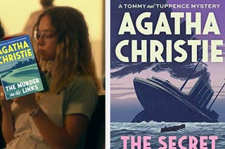 two images: on the left is sydney sweeney in euphoria, reading a book. on the right is an image of the cover of an agatha christie book, 