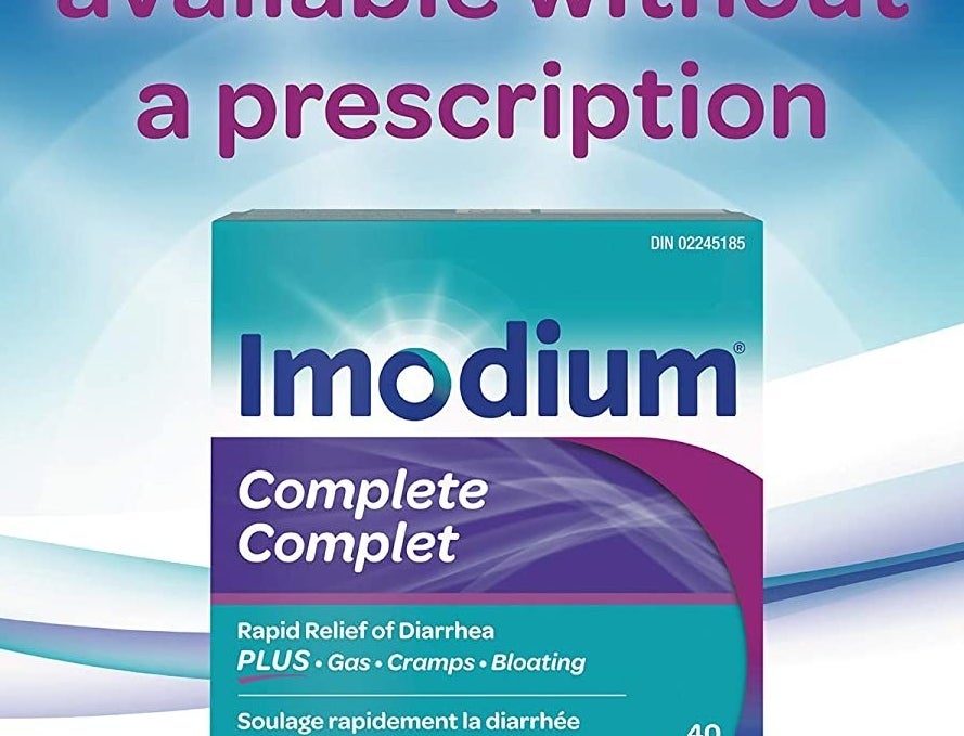 the pack of imodium against a graphic background