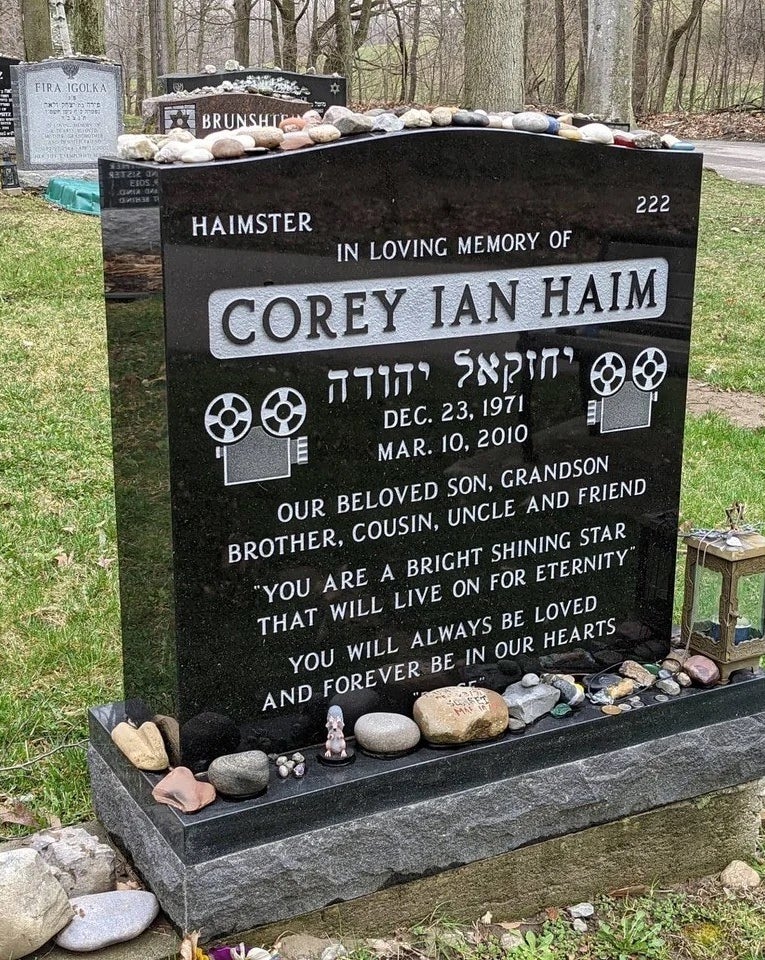 A tombstone with corey&#x27;s name, film cameras, and the text our beloved son, grandson, brother, cousin, uncle, and friend etched on it