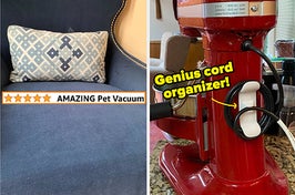 L: a blue suede armchair with a screenshot of a review title "amazing pet vacuum" R: a cable wrap on the neck of a stand mixer