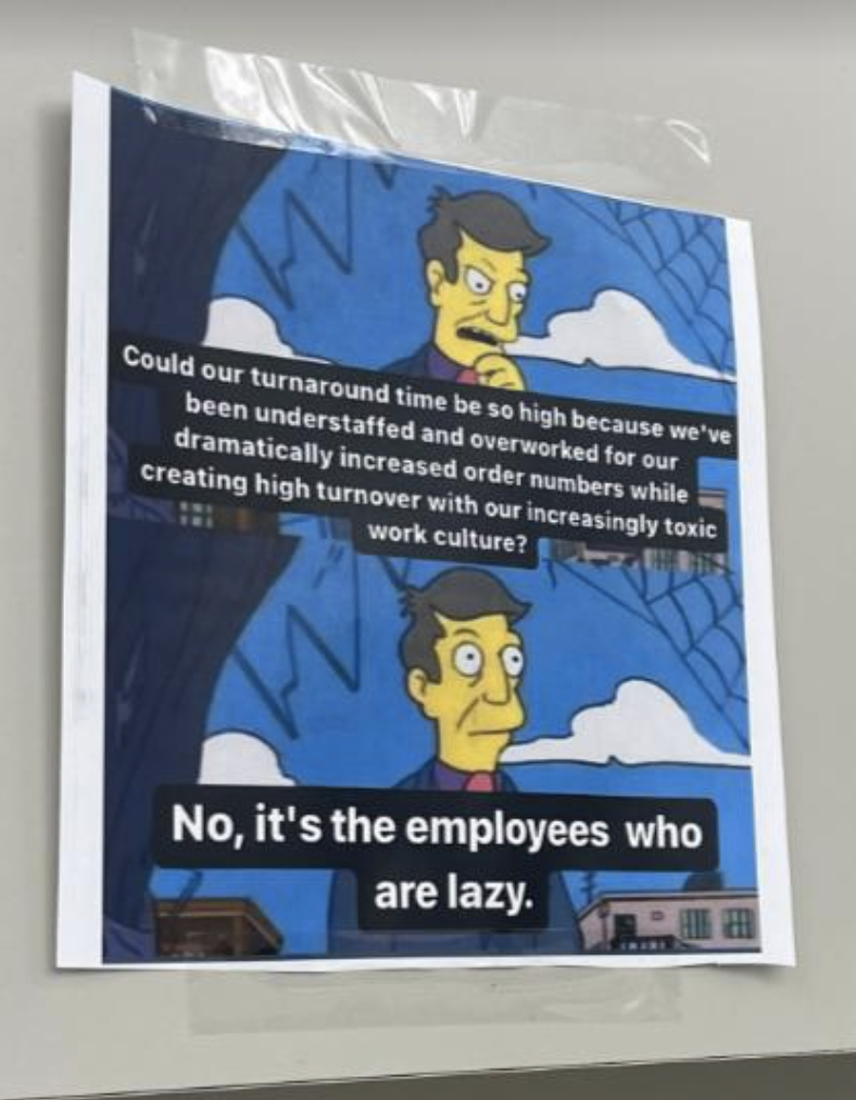 Cartoon character with thought balloon asking if the turnaround time is high because they&#x27;re understaffed and overworked and have high turnover because of a toxic work culture, then &quot;No, it&#x27;s the employees who are lazy&quot;