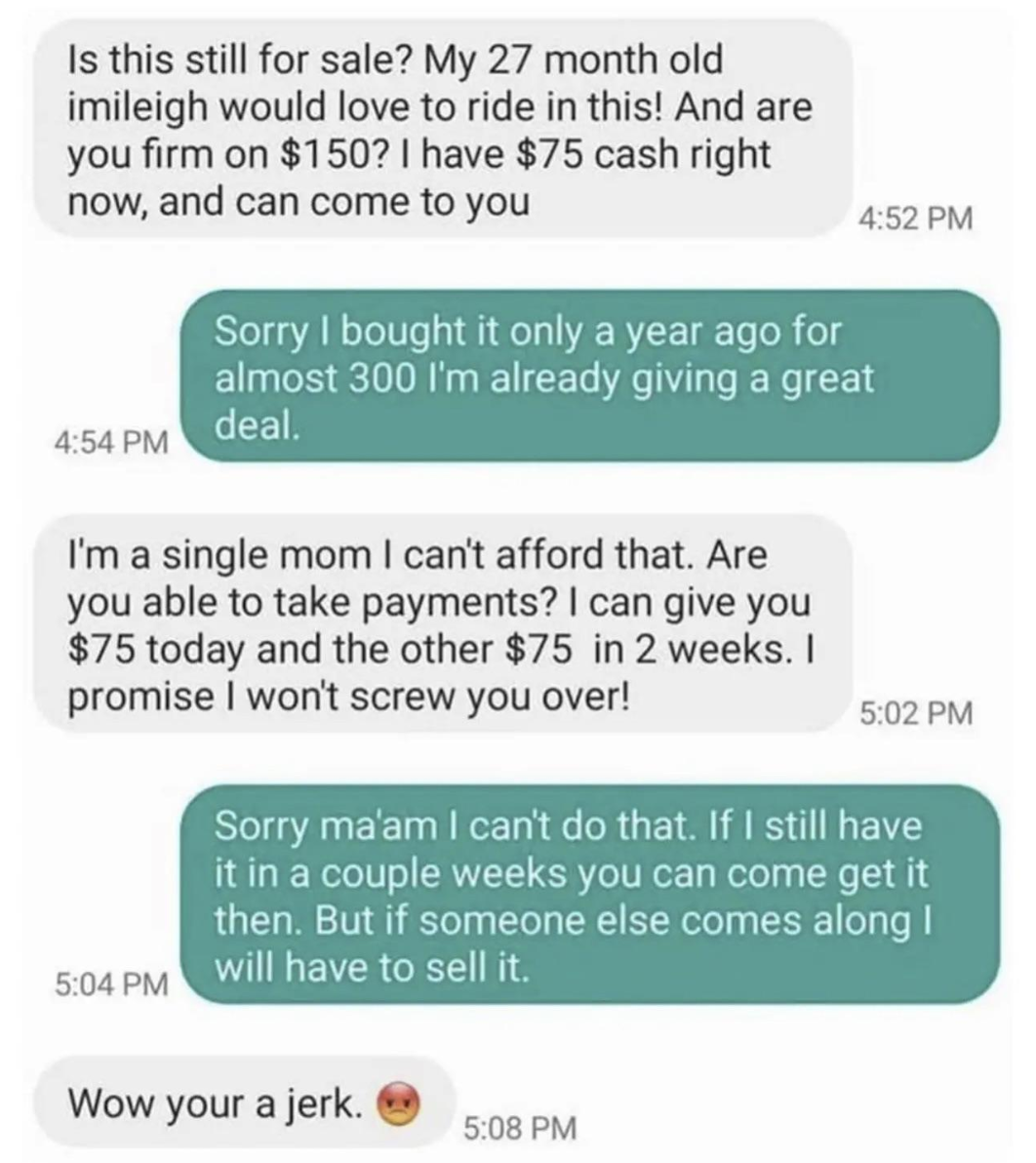 mom calls another a jerk for not taking $75 for her listed $150 item