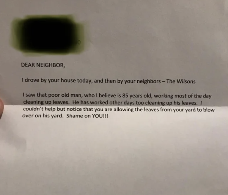 someone shaming a neighbor for letting their leaves blow next door