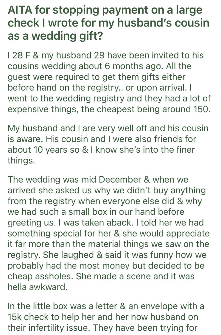bride mad that the rich family came to the wedding with a small gift box after not buying anything from the registry