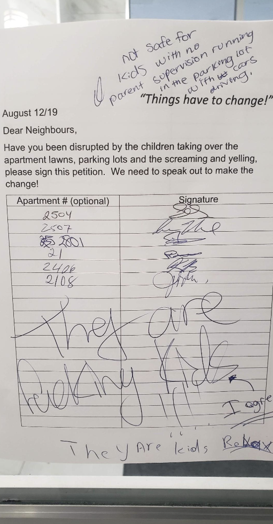 a petition to ban kids with someone writing over it, they&#x27;re fucking kids, relax