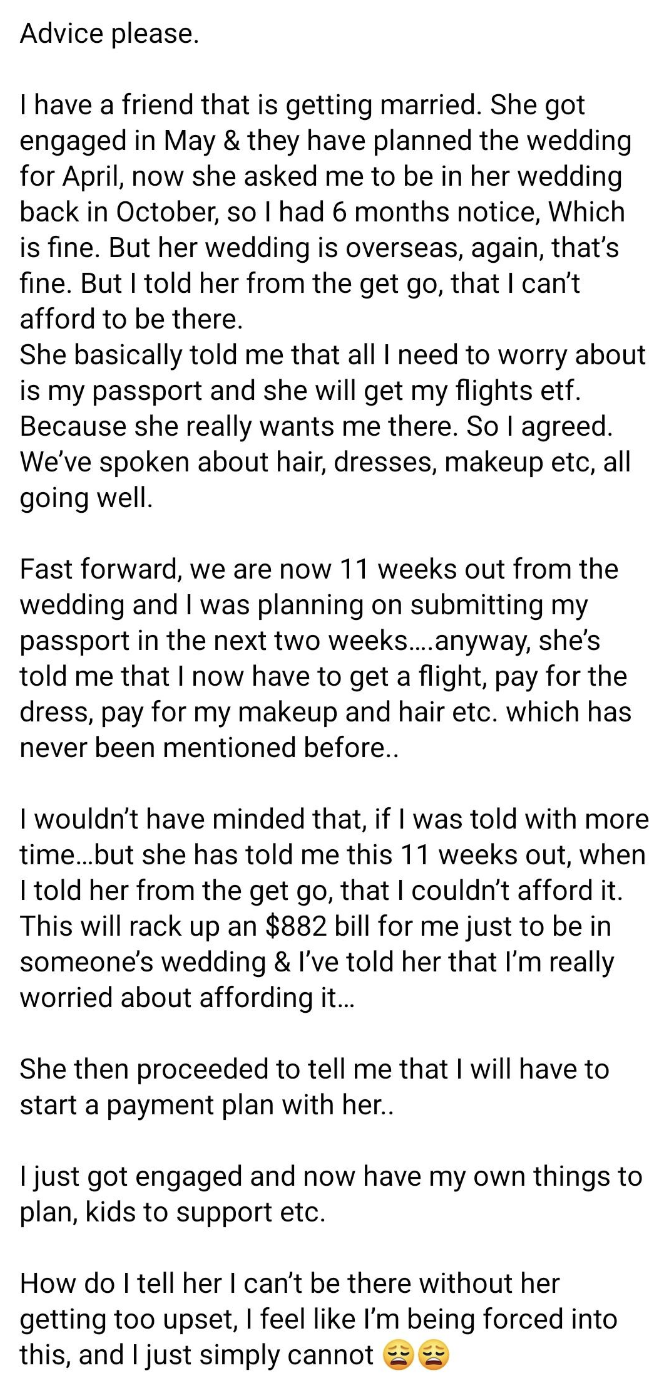 bridesmaid who can&#x27;t afford the $900 being bullied by the bride to be in her overseas wedding