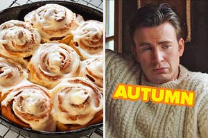 On the left, some cinnamon rolls in a cast iron skillet, and on the right, Chris Evans wearing a sweater as Ransom in Knives Out labeled autumn