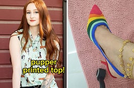 model in dog print top and reviewer in rainbow heels