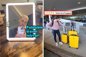 on left, reviewer taking selfie in front of square foldable travel mirror with LED lights. on right, reviewer standing next to yellow three-piece luggage set