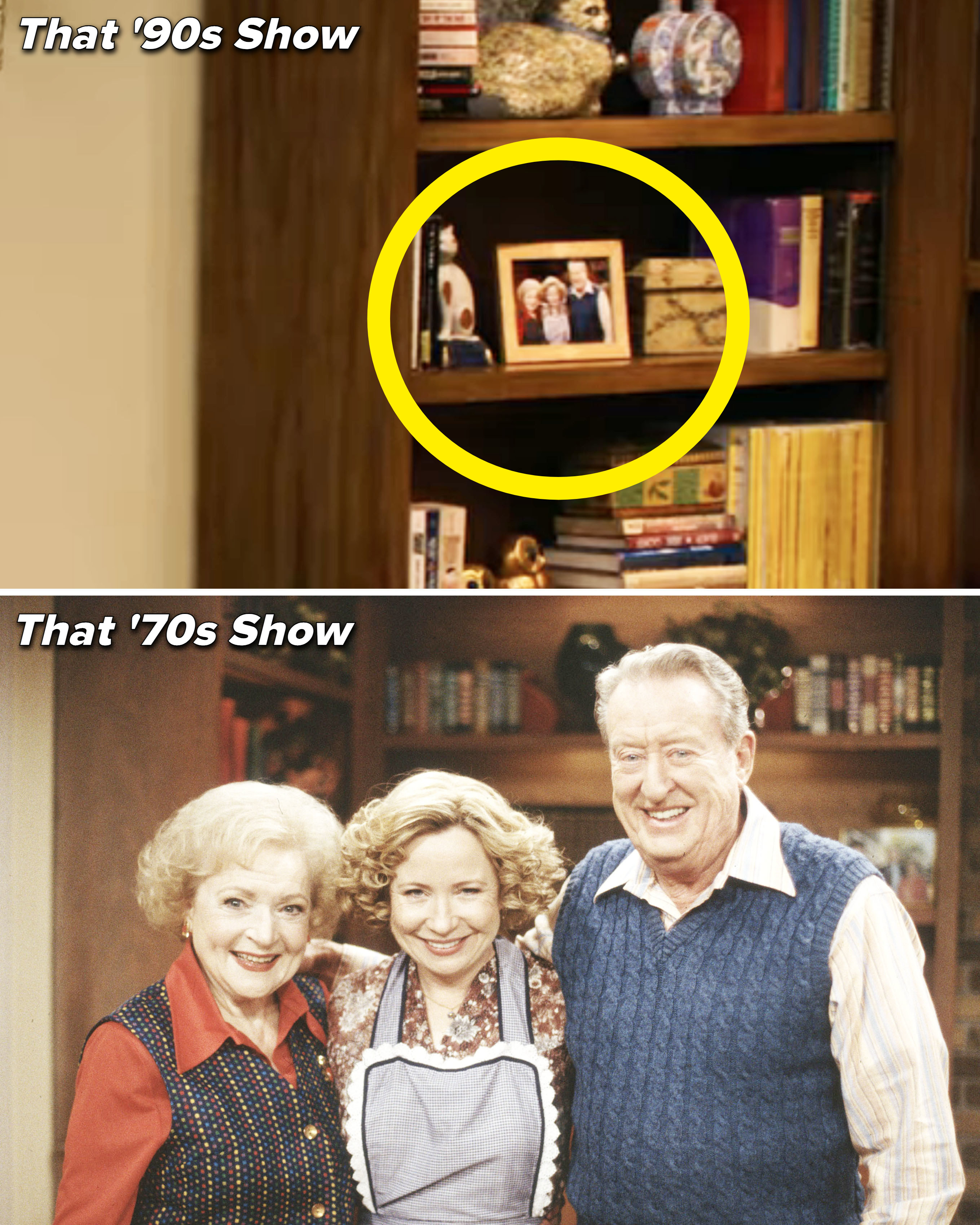 The photo of Tom and Betty on a shelf in That &#x27;90s Show and the two in a scene from That &#x27;70s Show with Debra