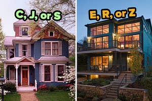 On the left, a Victorian-style home surrounded by blooming trees labeled C, J, or S, and on the right, a modern home with steps leading up to it labeled E, R, or Z