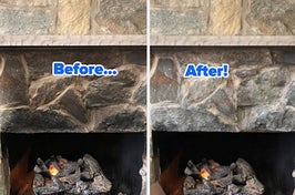 reviewer before and after photos showing a soot-stained stone fireplace on the left, and the same fireplace looking stain-free on the right